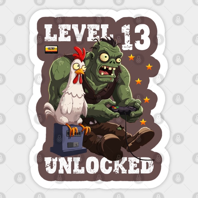 Level 13 Unlocked, Birthday - Zombie And Chicken Sticker by Megadorim